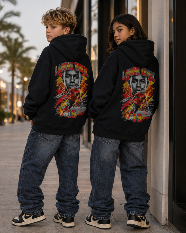 Lamine Yamal #19 Spain Fire Portrait Vintage Bootleg Kids Fan Hoodie