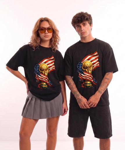 T-shirt supporter unisexe Coupe du Monde USA Drapeaux Trophée Feu Football Mondial 2026