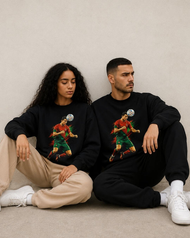 Cristiano Ronaldo Portugal Header Jump Red Green Paint Splash Action Unisex Fan Crewneck