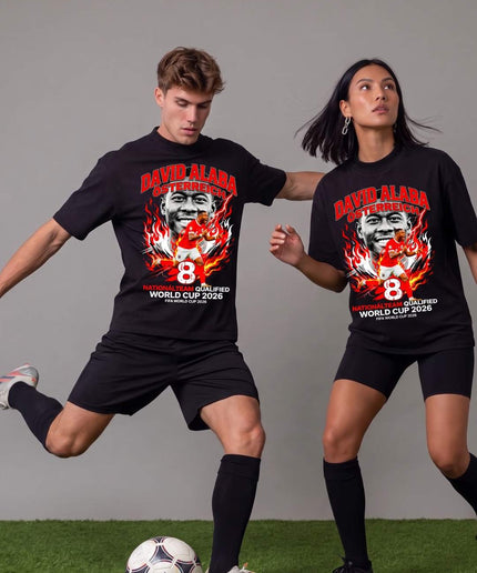 T-shirt unisexe pour fans David Alaba #8 Autriche Équipe nationale de football Coupe du Monde 2026 Qualifié