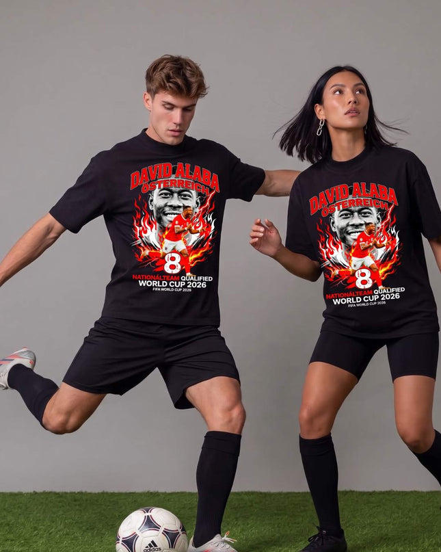 T-shirt unisexe pour fans David Alaba #8 Autriche Équipe nationale de football Coupe du Monde 2026 Qualifié