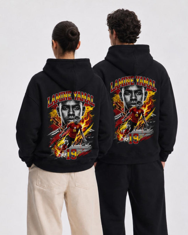 Lamine Yamal #19 Espagne Éclair Feu Portrait Unisexe Fan Sweat à Capuche