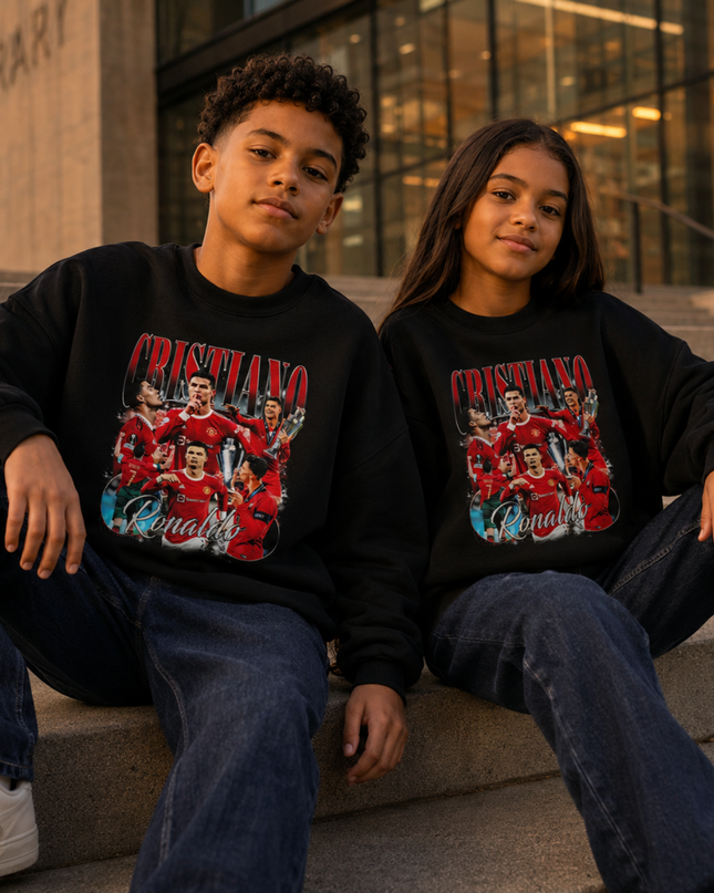 Cristiano Ronaldo Manchester United Red Kit Bootleg Multi-Pose Kids Fan Crewneck