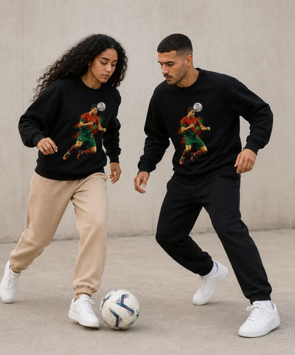 Cristiano Ronaldo Portugal Coup de Tête Saut Peinture Éclaboussures Rouge Vert Action Col Rond Unisexe Fan