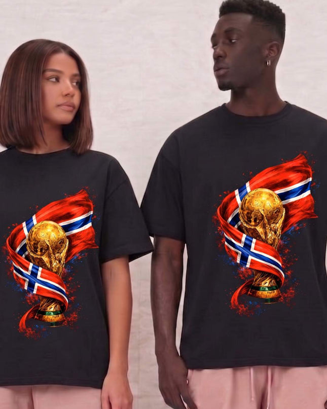 T-shirt unisexe fan Norvège Coupe du monde trophée drapeau feu football Coupe du monde 2026