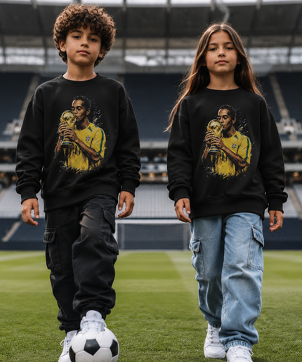 Ronaldinho Brazil #11 Flag Celebration Crossed Arms Green Yellow Paint Burst Kids Fan Crewneck