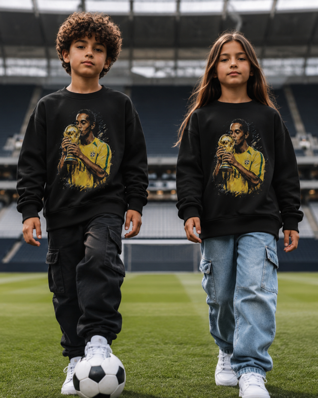 Ronaldinho Brazil #11 Flag Celebration Crossed Arms Green Yellow Paint Burst Kids Fan Crewneck