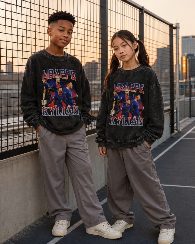 Kylian Mbappé PSG Era Washed Black Multi-Pose Bootleg Kids Fan Crewneck