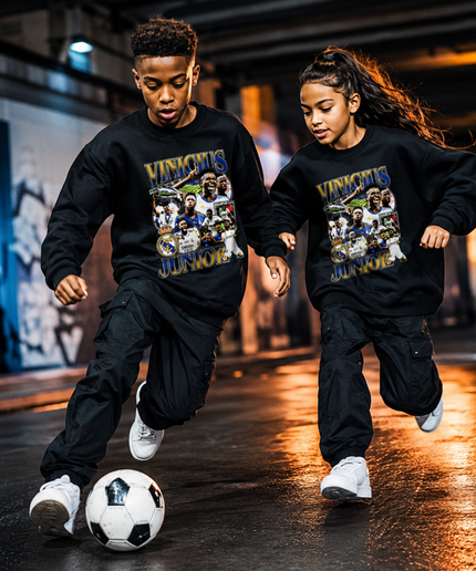 Vinicius Junior Real Madrid Noir Or Vintage Rap Bootleg Multi-Pose Collage Enfant Fan Col Rond