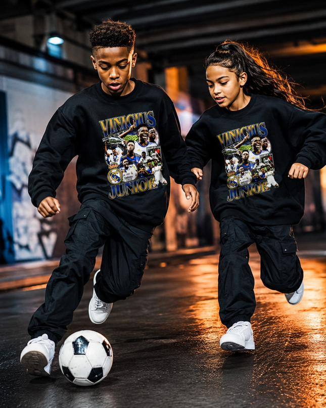 Vinicius Junior Real Madrid Black Gold Vintage Rap Bootleg Multi-Pose Collage Kids Fan Crewneck
