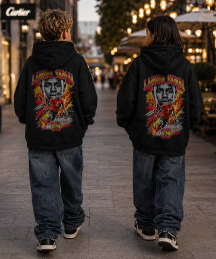 Lamine Yamal #19 Espagne Portrait de Feu Vintage Bootleg Sweat à Capuche Enfant Fan