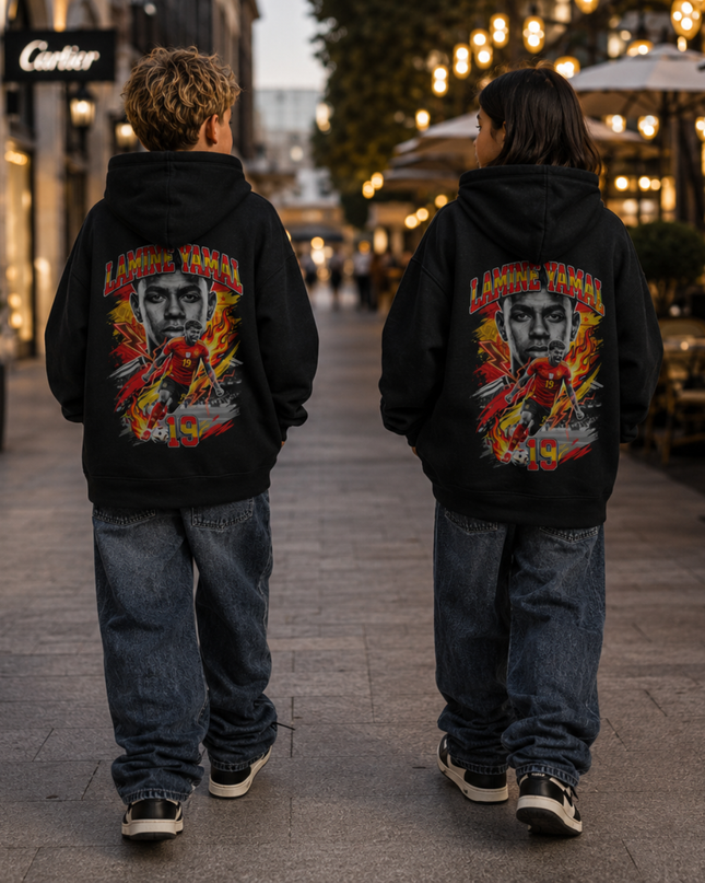 Lamine Yamal #19 Spain Fire Portrait Vintage Bootleg Kids Fan Hoodie