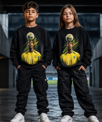 Ronaldinho Brésil #11 Ballon sur la tête Jonglage Vert Jaune Peinture Éclaboussures Col rond Enfant Fan