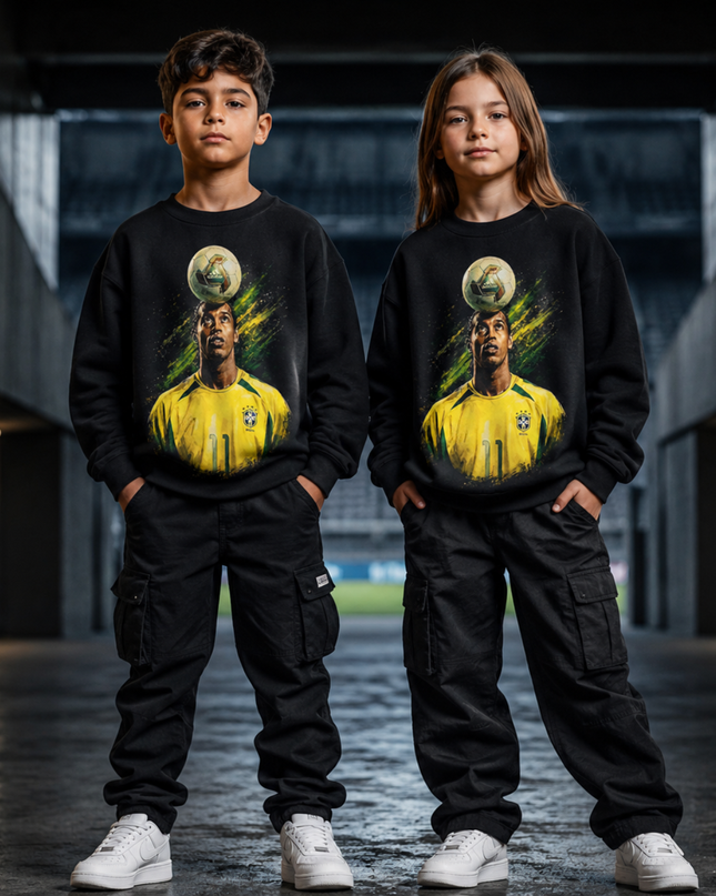 Ronaldinho Brazil #11 Ball on Head Juggling Green Yellow Paint Burst Kids Fan Crewneck