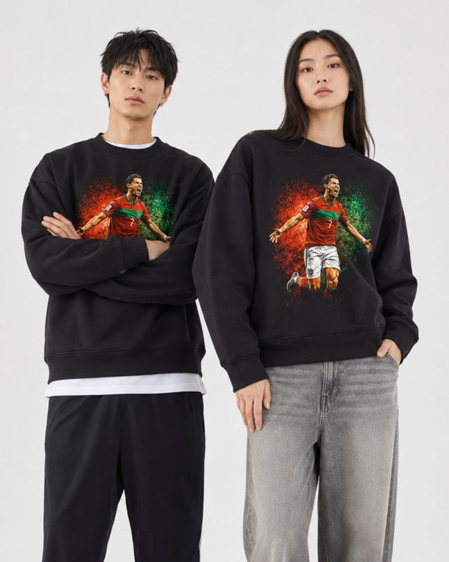 Cristiano Ronaldo Portugal Screaming Celebration Red Green Mosaic Paint Splash Unisex Fan Crewneck