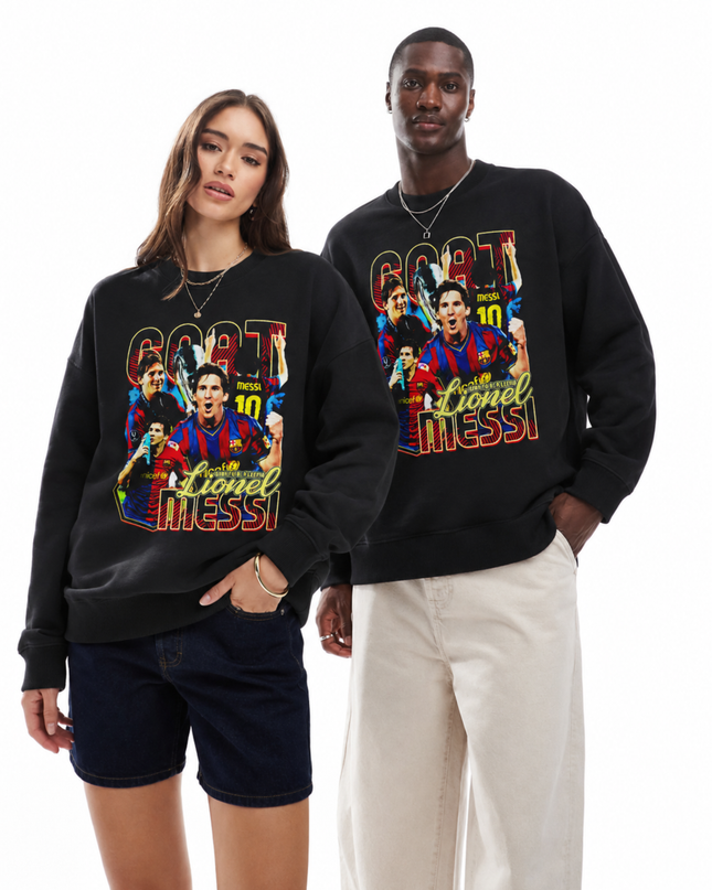 Lionel Messi Barcelona GOAT Red Blue Yellow Retro Bootleg Multi-Pose Collage Unisex Fan Crewneck