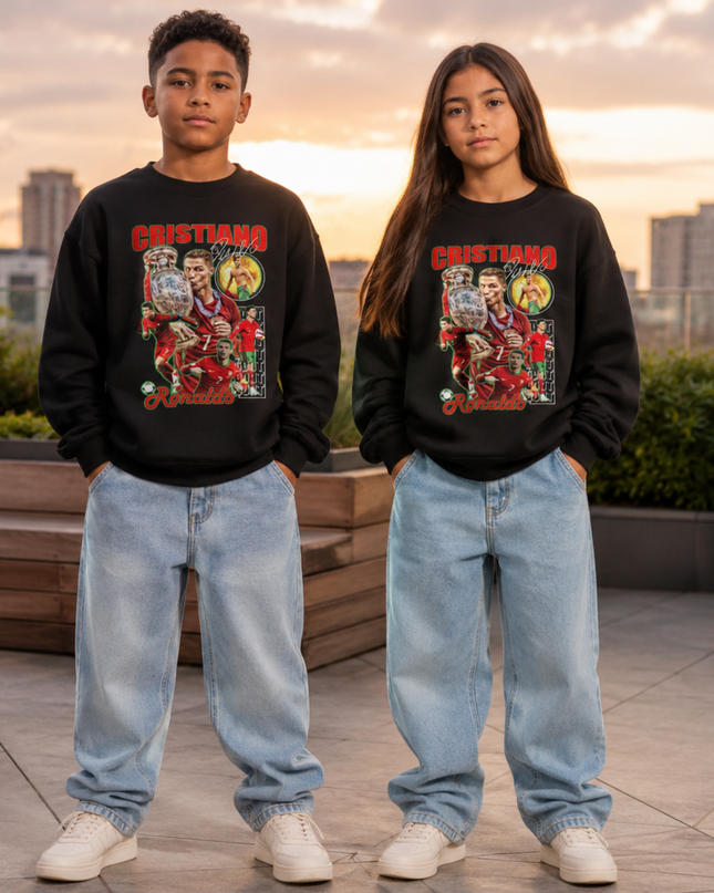 Cristiano Ronaldo Portugal Euro Trophy Bootleg Multi-Pose Kids Fan Crewneck