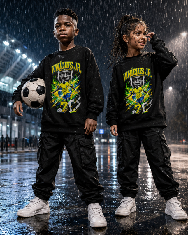 Vinicius Jr Brazil Selecao Yellow Green Fire #7 Face Action Dual Portrait Kids Fan Crewneck