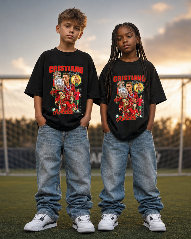 T-shirt enfant fan de Cristiano Ronaldo - Collage "bootleg" trophée Euro Portugal