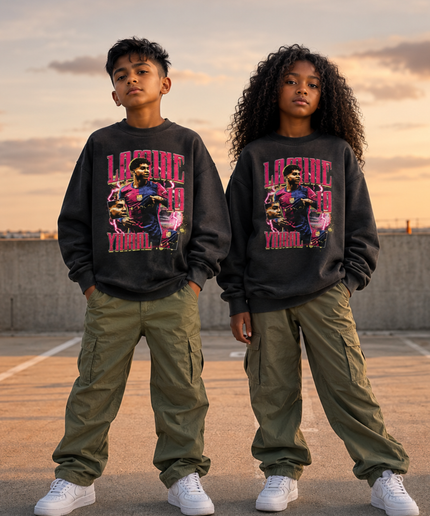 Lamine Yamal Barcelona #19 Pink Lightning Multi-Pose Bootleg Kids Fan Crewneck