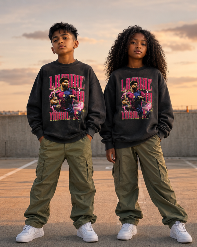 Lamine Yamal Barcelona #19 Pink Lightning Multi-Pose Bootleg Kids Fan Crewneck