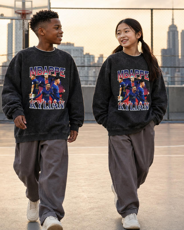 Kylian Mbappé PSG Era Washed Black Multi-Pose Bootleg Kids Fan Crewneck