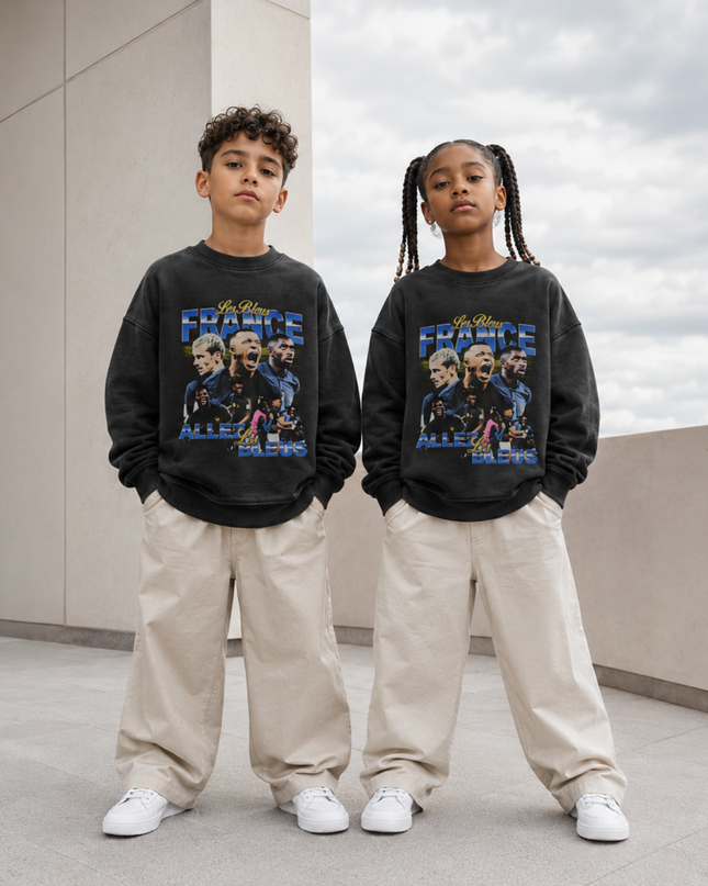 France Les Bleus Allez Les Bleus Washed Black Multi-Player Bootleg Kids Fan Crewneck