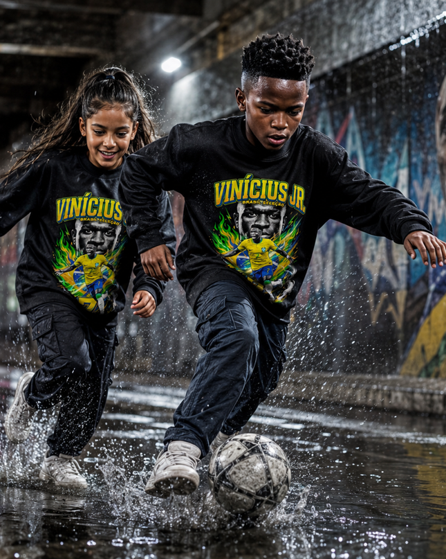 Vinicius Jr Brazil Selecao Yellow Green Fire #7 Face Action Dual Portrait Kids Fan Crewneck