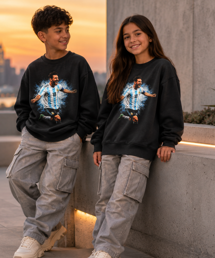 Lionel Messi Argentina #10 Blue Particle Burst Jump Celebration Washed Black Kids Fan Crewneck