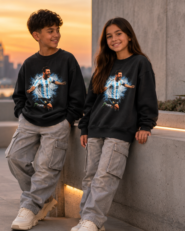 Lionel Messi Argentina #10 Blue Particle Burst Jump Celebration Washed Black Kids Fan Crewneck