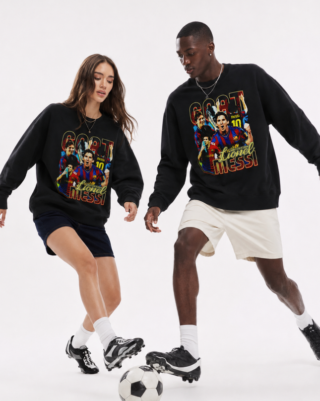 Lionel Messi Barcelona GOAT Red Blue Yellow Retro Bootleg Multi-Pose Collage Unisex Fan Crewneck