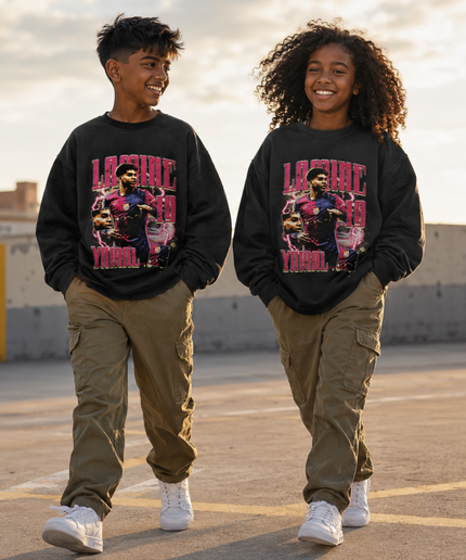 Lamine Yamal Barcelona #19 Pink Lightning Multi-Pose Bootleg Kids Fan Crewneck
