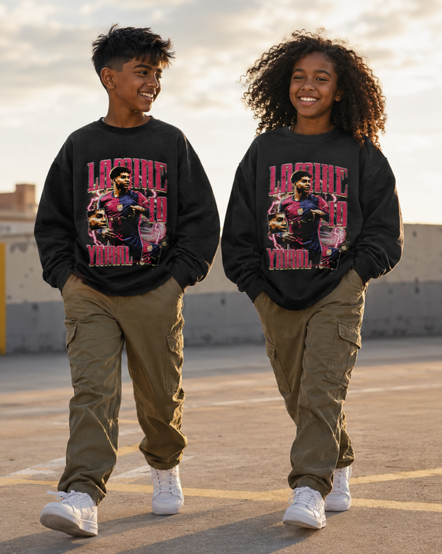 Lamine Yamal Barcelona #19 Pink Lightning Multi-Pose Bootleg Kids Fan Crewneck