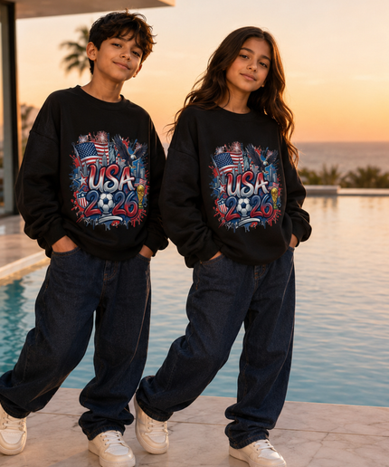 USA 2026 Flag Graffiti Kids Fan Crewneck