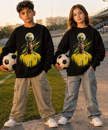 Ronaldinho Brésil #11 Ballon sur la tête Jonglage Vert Jaune Peinture Éclaboussures Col rond Enfant Fan