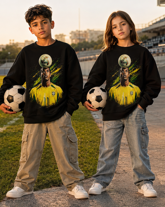 Ronaldinho Brazil #11 Ball on Head Juggling Green Yellow Paint Burst Kids Fan Crewneck