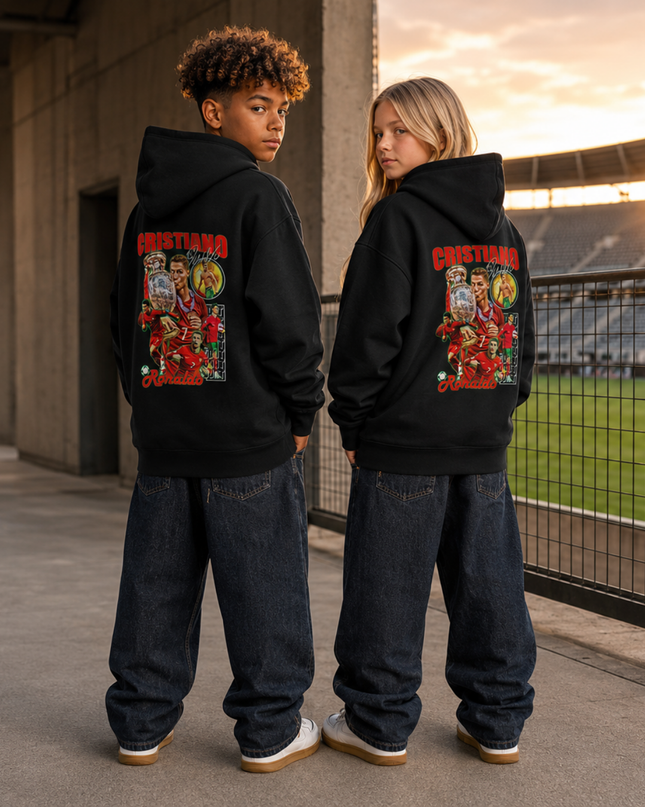 Cristiano Ronaldo CRISTIANO CR7 Ronaldo Portugal Euro Trophy Vintage Bootleg Collage Kids Fan Hoodie