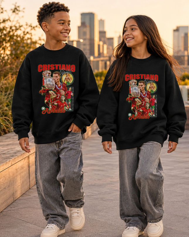 Cristiano Ronaldo Portugal Euro Trophy Bootleg Multi-Pose Kids Fan Crewneck