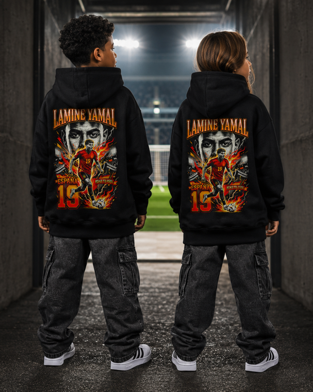 Lamine Yamal #19 España Road to 2026 Fire Bootleg Kids Fan Hoodie
