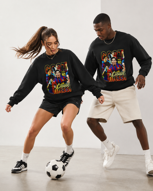Lionel Messi Barcelona GOAT Red Blue Yellow Retro Bootleg Multi-Pose Collage Unisex Fan Crewneck