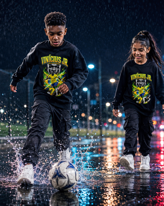 Vinicius Jr Brazil Selecao Yellow Green Fire #7 Face Action Dual Portrait Kids Fan Crewneck