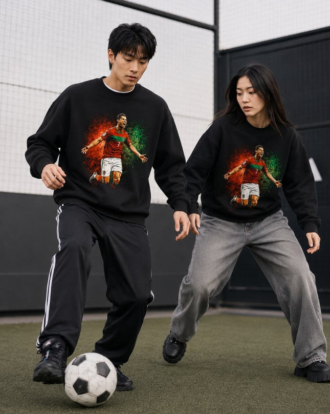 Cristiano Ronaldo Portugal Screaming Celebration Red Green Mosaic Paint Splash Unisex Fan Crewneck