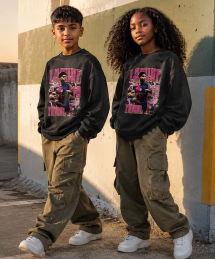 Lamine Yamal Barcelona #19 Pink Lightning Multi-Pose Bootleg Kids Fan Crewneck