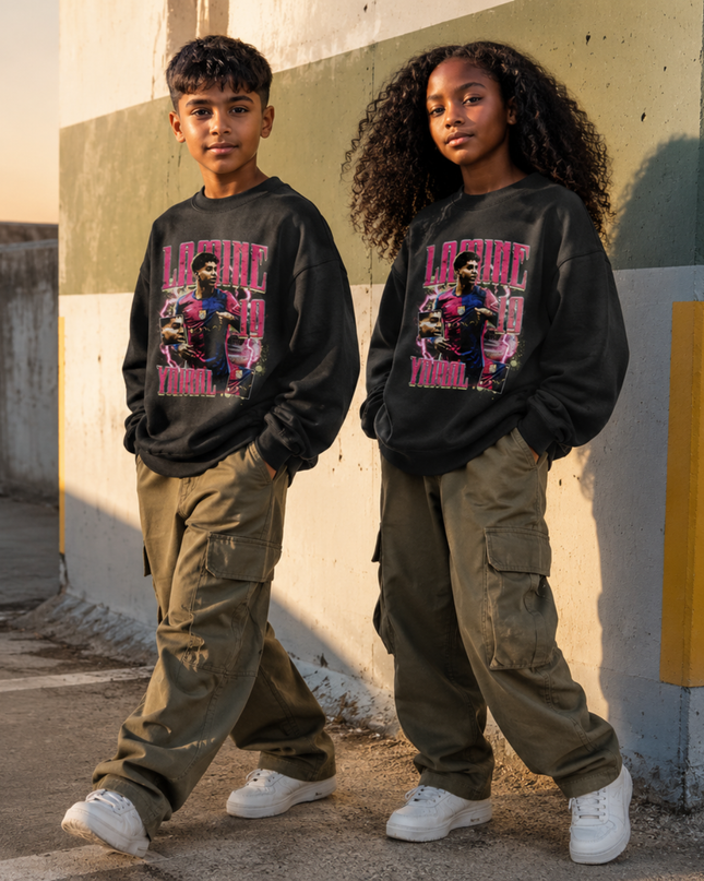 Lamine Yamal Barcelona #19 Pink Lightning Multi-Pose Bootleg Kids Fan Crewneck