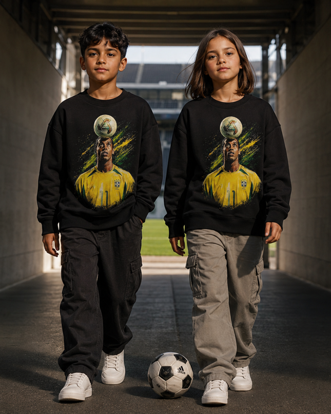 Ronaldinho Brazil #11 Ball on Head Juggling Green Yellow Paint Burst Kids Fan Crewneck