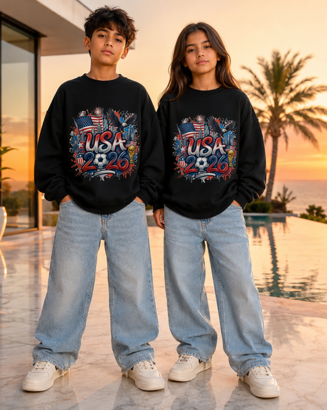 USA 2026 Flag Graffiti Kids Fan Crewneck