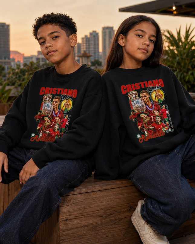 Cristiano Ronaldo Portugal Euro Trophy Bootleg Multi-Pose Kids Fan Crewneck