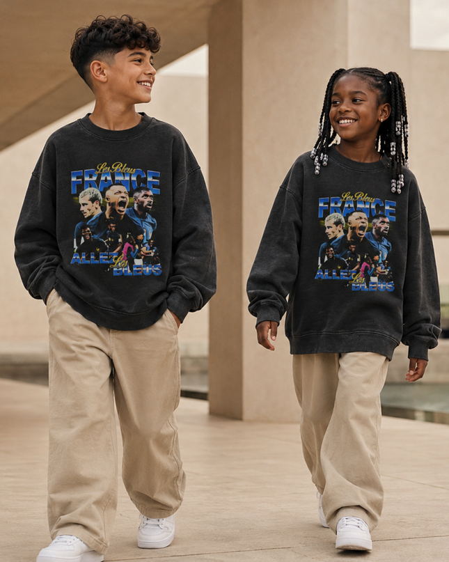 France Les Bleus Allez Les Bleus Washed Black Multi-Player Bootleg Kids Fan Crewneck