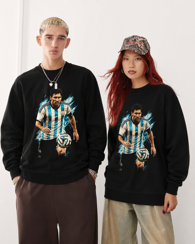 Lionel Messi Argentina Blue Teal Paint Splash Dribbling Action Portrait Unisex Fan Crewneck