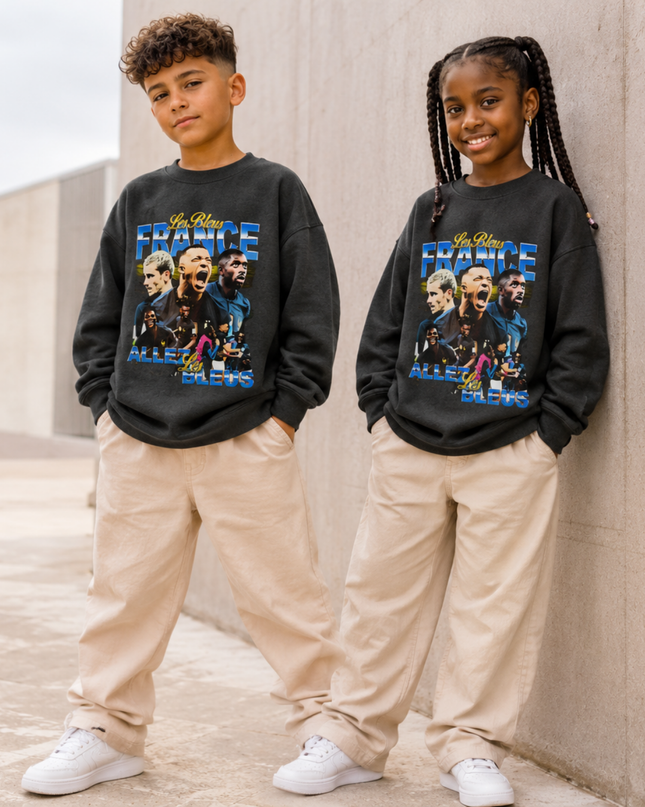 France Les Bleus Allez Les Bleus Washed Black Multi-Player Bootleg Kids Fan Crewneck